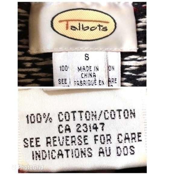 Talbots Black and White Nordic Fair Isle Snowflake Sweater with Red Fringe Small - Picture 6 of 9